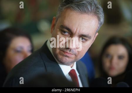 Bucharest, Romania - April 19, 2023: George Niculescu, the president of the Romanian National Energy Regulatory Authority (ANRE), holds a press confer Stock Photo