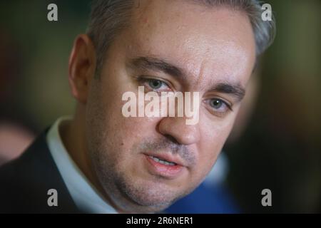 Bucharest, Romania - April 19, 2023: George Niculescu, the president of the Romanian National Energy Regulatory Authority (ANRE), holds a press confer Stock Photo