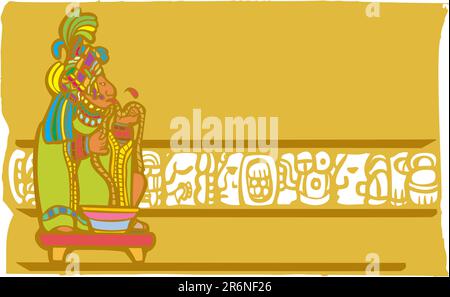 Mayan Lord running rope through tongue in a traditional blood sacrifice in image derived from traditional mayan temple imagery. Stock Vector