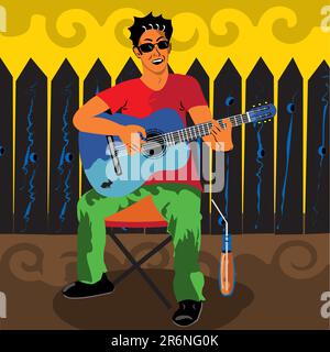 Vector illustration of a young man sitting outdoors playing the guitar with a juice beside him. Stock Vector