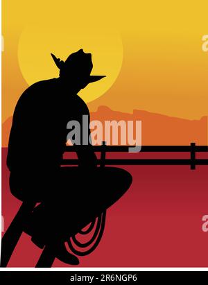 Black silhouette of a cowboy sitting on a fence looking at the sunset Stock Vector