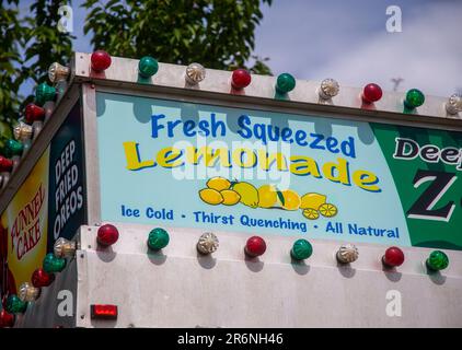 Sign over a concession selling lemonade at a carnival Stock Photo