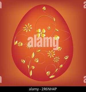 Vector illustration of delicately gold painted red easter egg Stock Vector