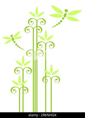 Abstract design with flowers and dragonflies on a pink background ...