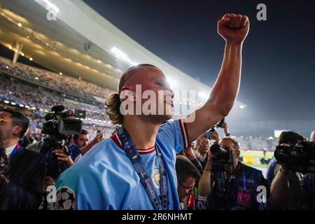 Manchester City's Erling Haaland celebrates following victory over Inter Milan in the UEFA Champions League Final at the Ataturk Olympic Stadium, Istanbul. Picture date: Saturday June 10, 2023. Stock Photo