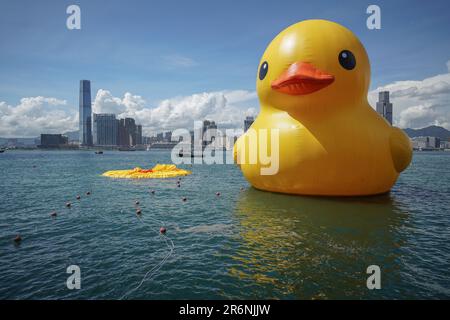 One of two giant rubber ducks in Hong Kong harbour deflates