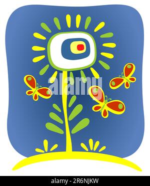 Ornate flower and  three butterflies on a dark blue background. Stock Vector