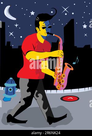 Vector illustration of a young man walking on the street at night playing the saxophone Stock Vector