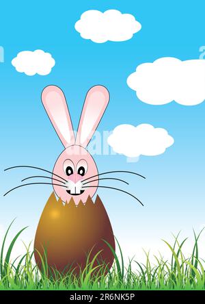 Easter bunny inside chocolate egg over green grass field Stock Vector