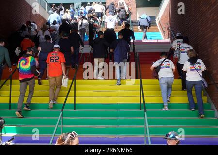 A rainbow colored San Francisco Giants logo is displayed on Giants' Pride  Day during a baseball game between the Giants and the Chicago Cubs in San  Francisco, Saturday, June 10, 2023. (AP