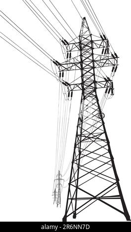 Vector silhouette of high voltage power lines and pylon Stock Vector