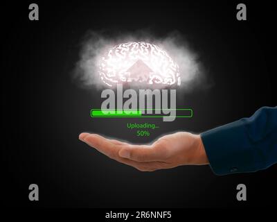 Mind uploading, Brain upload concept. Data and information are uploaded to the cloud system with a progress bar and percentage shown Stock Photo