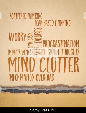 mind clutter word cloud on an art paper, mental health and personal development concept Stock Photo