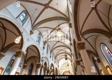 Horizontal image of the ornate vaulted ceilings of the Cathedral Basilica of St. Francis of Assisi in Santa Fe, New Mexico, USA. Stock Photo