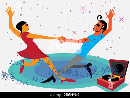 Two teens dancing with music coming from an old gramophone Stock Vector
