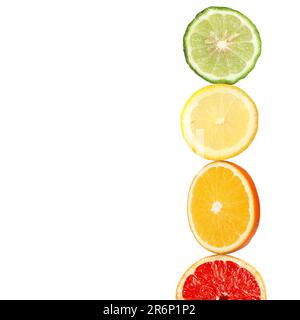 Stack of different fresh citrus fruits on white background Stock Photo