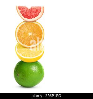 Stack of different fresh citrus fruits on white background Stock Photo