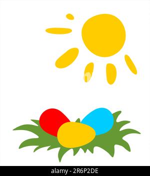 Three ornate easter eggs and sun on a white background. Stock Vector