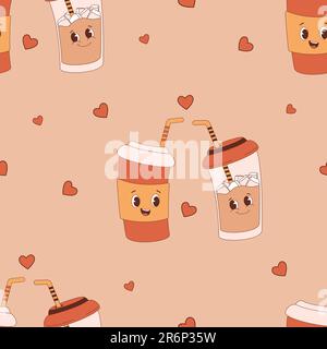 Seamless pattern Cute retro cartoon enamored characters coffee cups on light brown background with hearts. Vector illustration. Endless background in Stock Vector