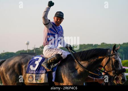 Jockey Javier Castellano, atop Arcangelo, celebrates after winning the ...