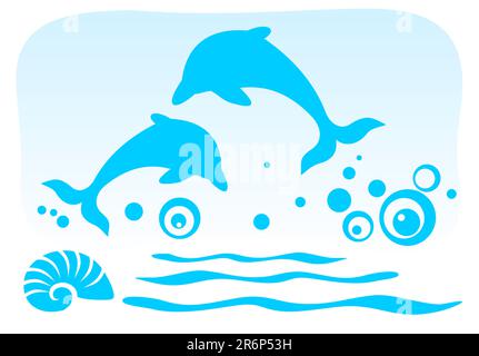 Two ornate dolphins on a blue sky background. Stock Vector