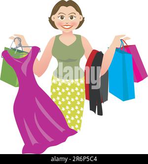 vector illustration for a woman is shopping and buying a lot of things. Stock Vector