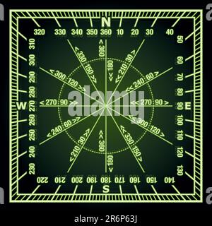 Glowing in the Dark Green Navigation Grid with Direct and Reverse Course Designation. Vector Illustration Stock Vector