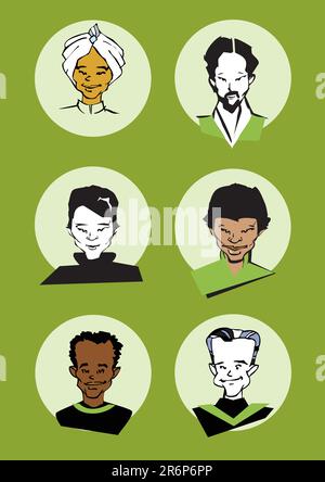 different ethnic portraits / faces of men - cartoons style Stock Vector