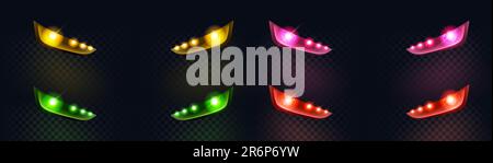 Realistic color led car light flare vector effect. Front headlight glare shine in yellow, red, green and pink. Auto lamp round blink transparent technology illustration. Isolated neon vehicle ray Stock Vector