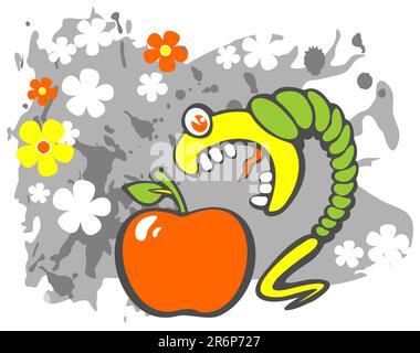 Stylized caterpillar and apple on a gray grunge background with flowers. Stock Vector