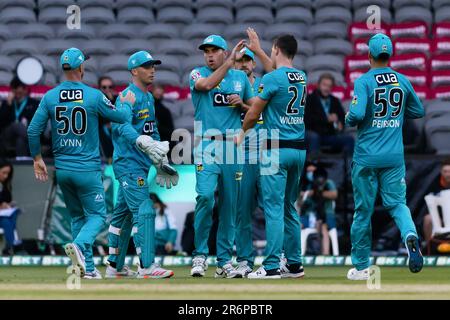 MELBOURNE, AUSTRALIA - JANUARY 19: Perth Scorchers celebrate during the Big Bash League cricket match between Perth Scorchers and Brisbane Heat at Marvel Stadium on January 19, 2020 in Melbourne, Australia. Stock Photo