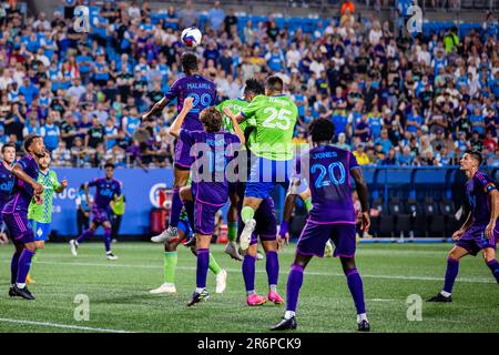 Charlotte, NC, USA. 10th June, 2023. Charlotte FC defender Adilson Malanda (29) clears the ball against the Seattle Sounders during the second half of the Major League Soccer match up at Bank of America Stadium in Charlotte, NC. (Scott KinserCal Sport Media). Credit: csm/Alamy Live News Stock Photo