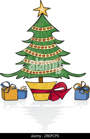 Hand-drawn in loose whimsical style. Tree, gifts, ornaments on separate layers, global colors used for easy change. Stock Vector