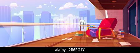 Open city terrace apartment interior with armchair. Balcony in building with skyscraper view with laptop on table for reading books urban scene illustration. Metropolis panorama with glass fence Stock Vector
