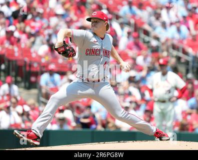 St. Louis, United States. 10th June, 2023. Cincinnati Reds starting pitcher Andrew Abbott delivers a pitch to the St. Louis Cardinals in the first inning at Busch Stadium in St. Louis on June 10, 2023. Photo by Bill Greenblatt/UPI Credit: UPI/Alamy Live News Stock Photo