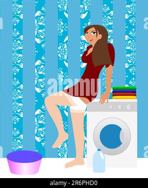 Housewife in the laundry sitting on washing machine Stock Vector