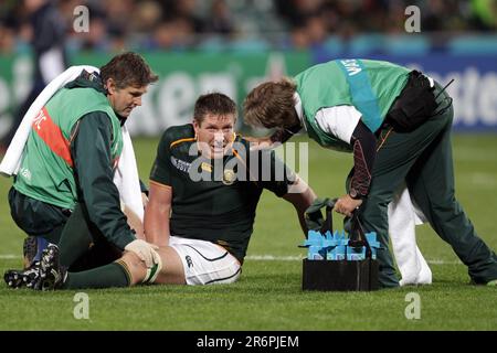 South Africa’s Bakkies Botha receives medical attention whilst playing Namibia during a Pool D match of the Rugby World Cup 2011, North Harbour Stadium, Auckland, New Zealand, Thursday, September 22, 2011. Stock Photo