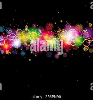 Abstract Circles and Snowflakes of llight with Raibow Colours Background Stock Vector