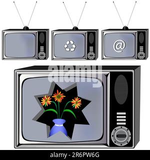 Old TV set with different signs and things on the screen and the last one has a vase inside it. Stock Vector