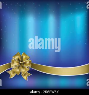 christmas greeting gold bow with ribbon on blue background Stock Vector