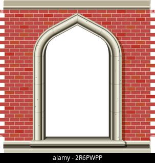 Illustration of an ancient arched window in a brick wall, suitable as a frame or border. Stock Vector