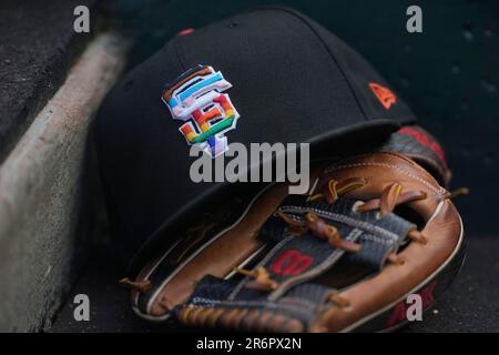 A rainbow colored San Francisco Giants logo is displayed on Giants' Pride  Day during a baseball game between the Giants and the Chicago Cubs in San  Francisco, Saturday, June 10, 2023. (AP