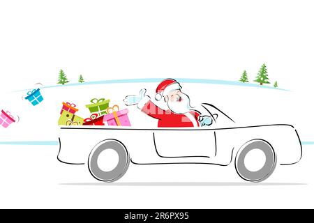 illustration of santa distributing gifts riding in car Stock Vector