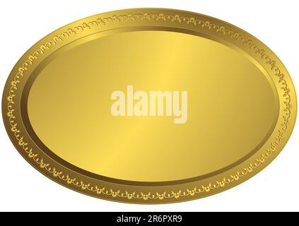 Oval golden volumetric plate with vintage an ornament on edges Stock Vector