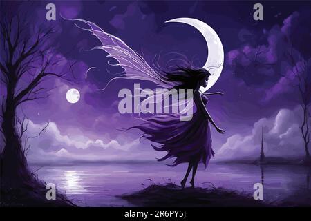 vector art of a young girl walking in night. moon in purple sky. wallpaper with dark background. Stock Vector