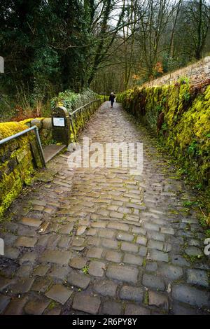 The lane from Hebden Bridge leading to Heptonstall village is steep and uneven Stock Photo