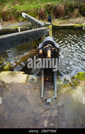 Detail of the lock winding gear on the Rochdale canal at Hebden Bridge Stock Photo