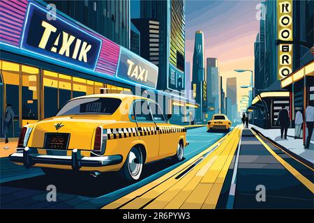 vector art of a yellow color taxi car on a street in a city. Stock Vector