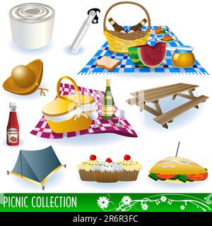 Collection of different picnic elements: food, beverages, bench, fruits and so on. Stock Vector