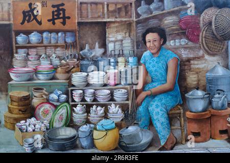 Detail of a mural by Singaporean artist Yip Yew Chong in Chinatown, Singapore, depicting a scene in a Singaporean tupperware shop of old Stock Photo